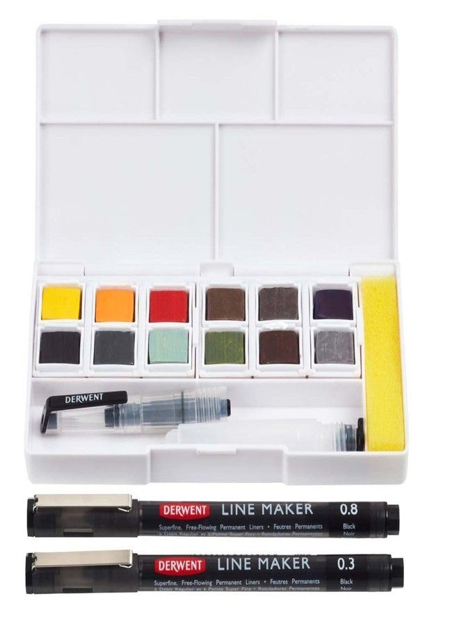 Derwent Line and Wash Paint Pan Set with Line Maker Pens (12 Paints, 5 Palettes, Sponge, Waterbrush, 2 Pens); Watercolour Paint Set for Outdoor Use - Image 1